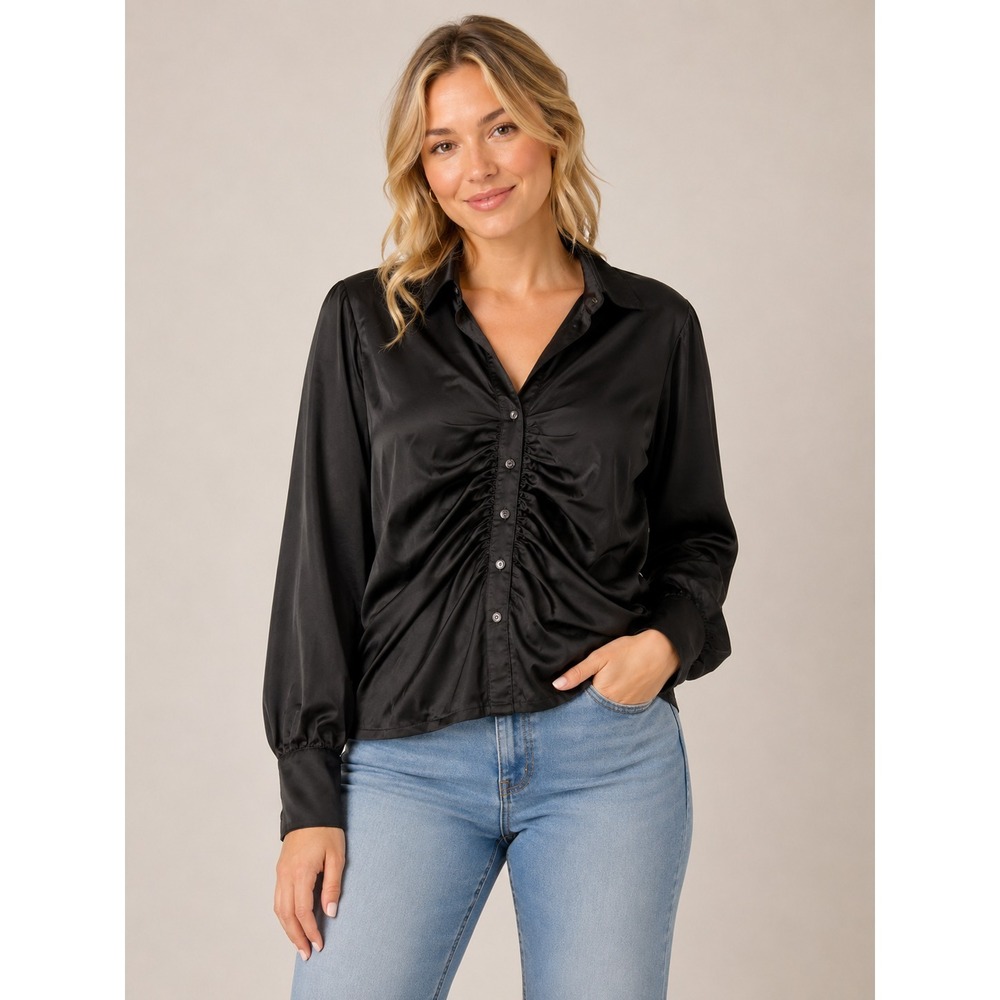 Miss Selfie Black Satin Ruched Blouse Small Button Down‎ Y2K Chic Night Out